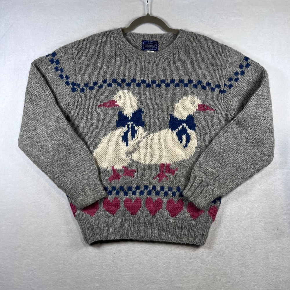 Woolrich Woman Vintage Wool Duck Sweater Gray Heart Intarsia Knit Large 90s
